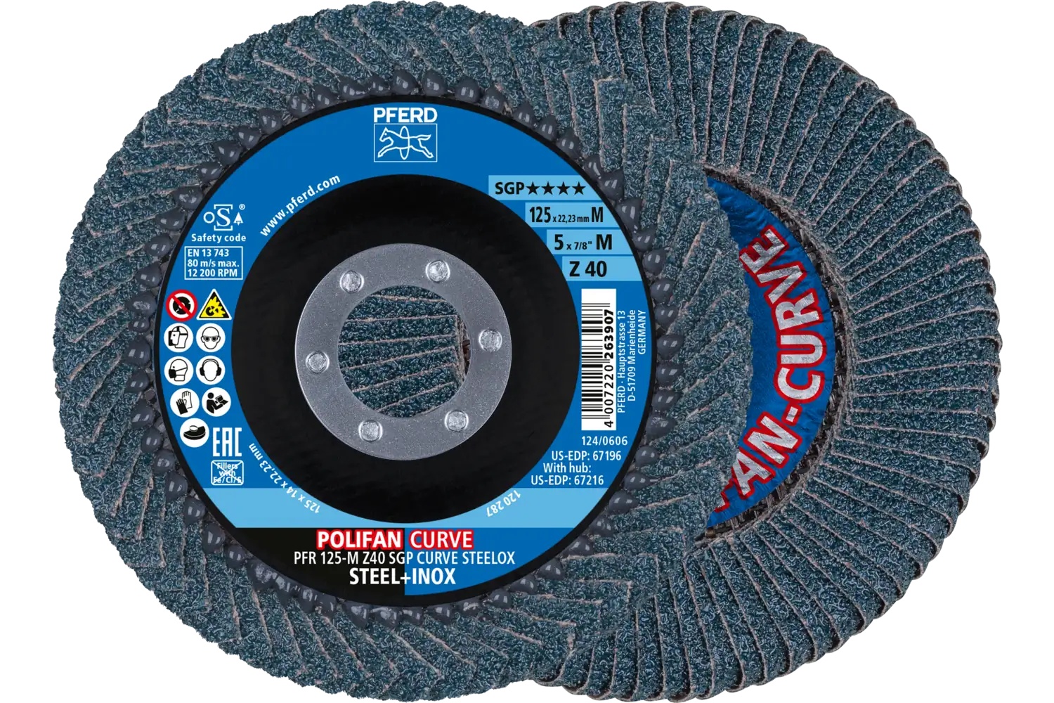 Picture of Pferd Flap Disc, 5" x 7/8, Z SGP Curve Steelox, 40 Grit, Medium Radius, Zirconia